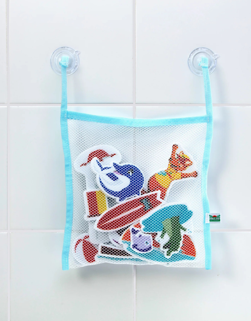 Mizzie the Kangaroo bath foam stickies for baby gift set, colorful and fun bath time accessories featuring Mizzie the Kangaroo.