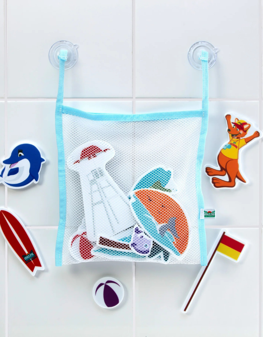 Mizzie the Kangaroo bath foam stickies in baby gift set with adorable kangaroo character and colorful foam shapes for bath fun.