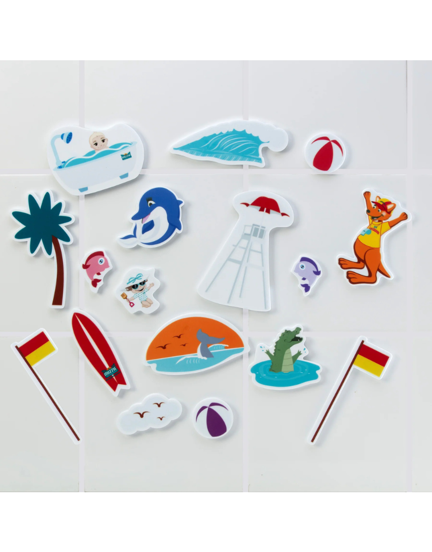 Mizzie the Kangaroo bath foam stickies in a baby gift set, featuring colorful foam shapes ideal for children's bath time.