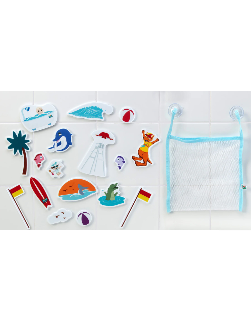 Mizzie the Kangaroo bath foam stickies from baby gift set, colorful foam shapes featuring a cute kangaroo design for kids.