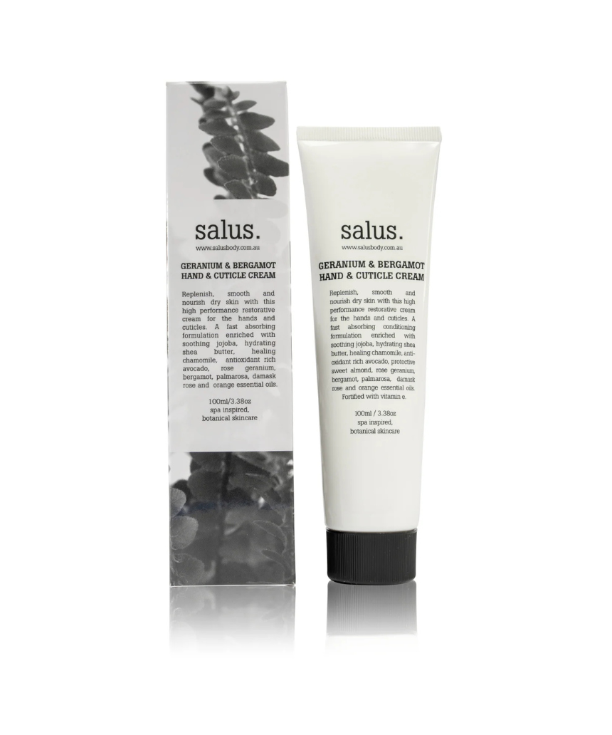 Salus Geranium & Bergamot hand and cuticle cream tube, with botanical ingredients and elegant packaging.