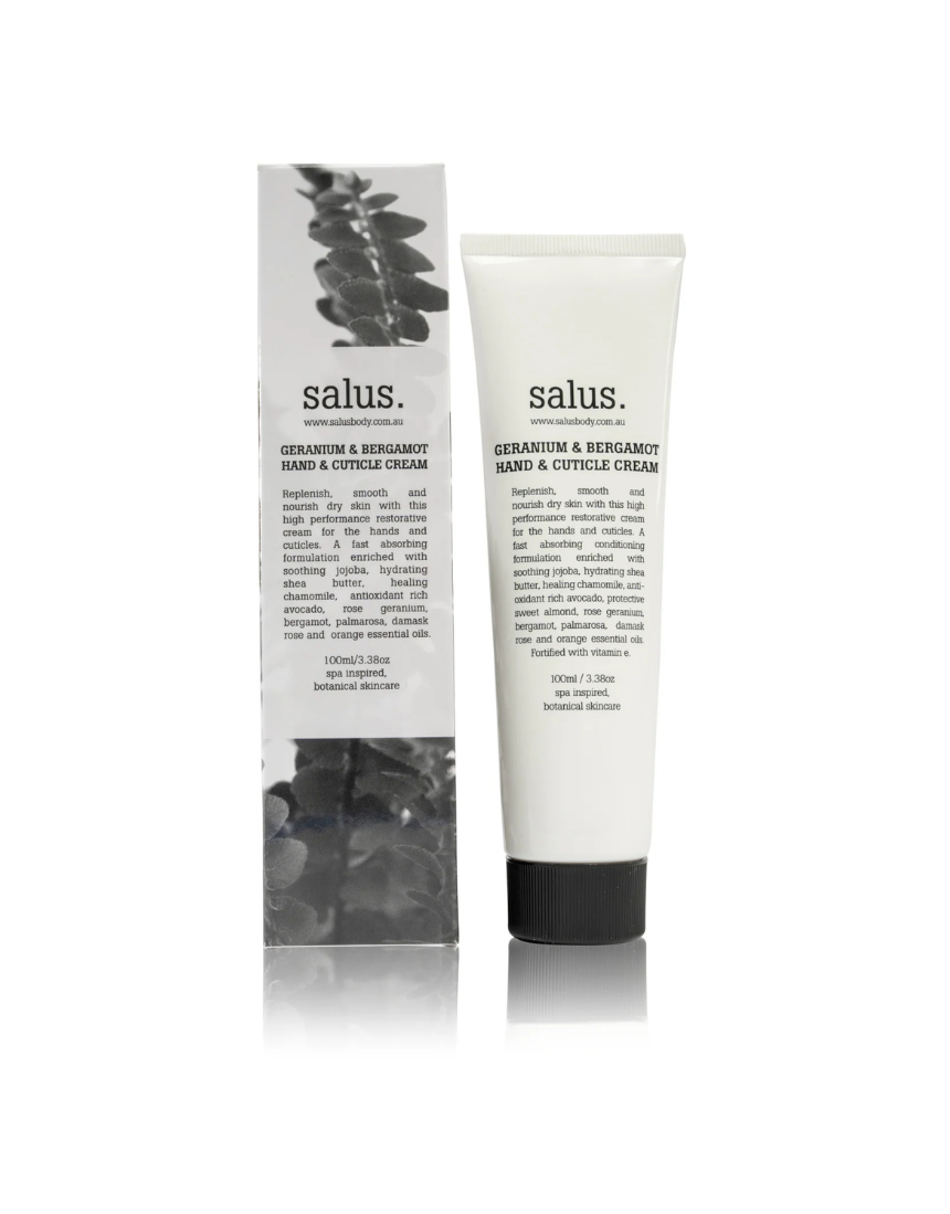 Salus Geranium & Bergamot hand and cuticle cream tube, with botanical ingredients and elegant packaging.