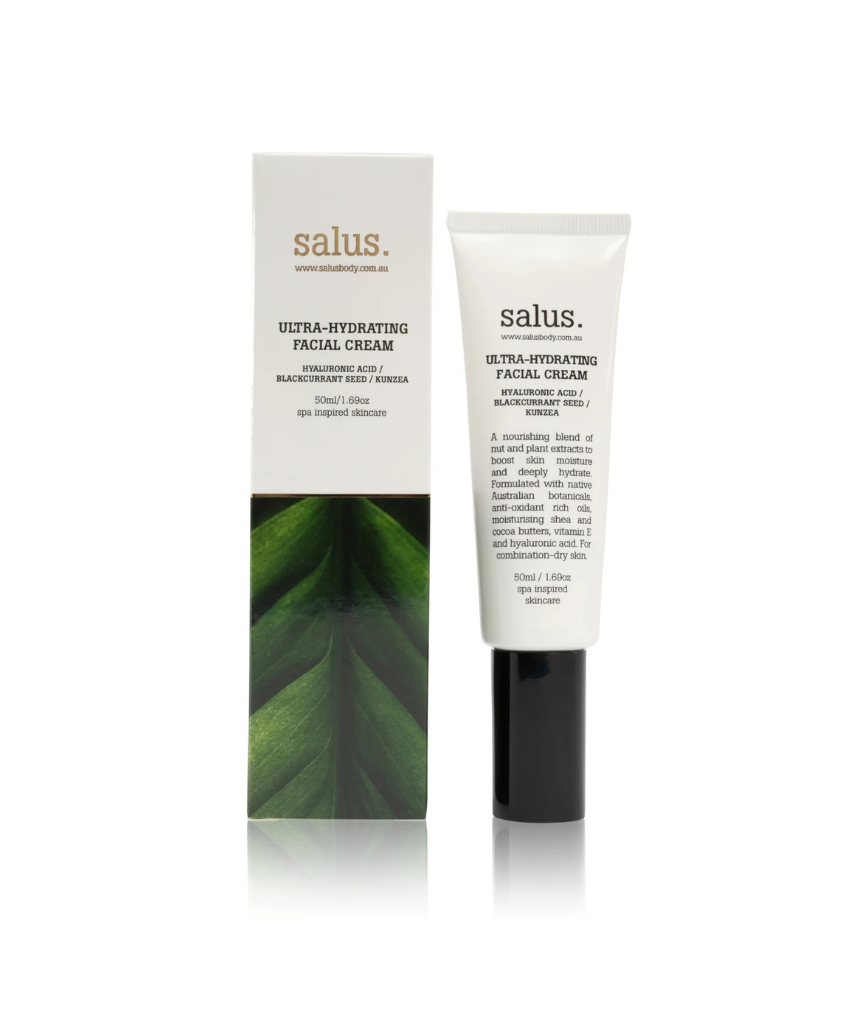 Salus Ultra-Hydrating Facial Cream jar with smooth, creamy texture perfect for moisturizing and nourishing skin.