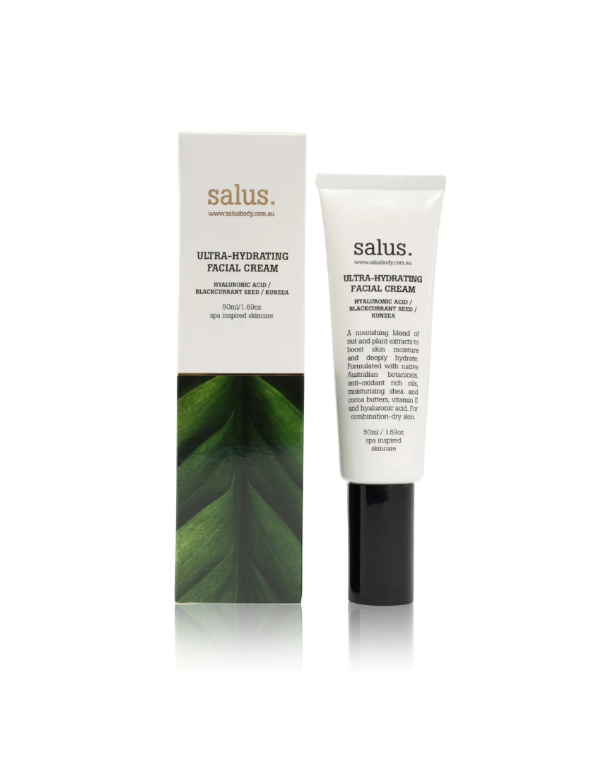 Salus Ultra-Hydrating Facial Cream jar with smooth, creamy texture perfect for moisturizing and nourishing skin.