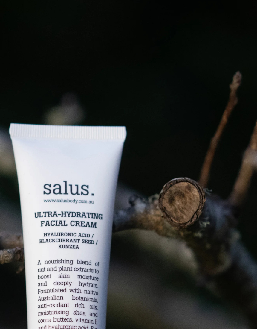 Salus Ultra-Hydrating Facial Cream in a jar, showcasing its creamy texture and sleek packaging for deeply moisturized skin.