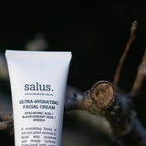 Salus Ultra-Hydrating Facial Cream in a jar, showcasing its creamy texture and sleek packaging for deeply moisturized skin.