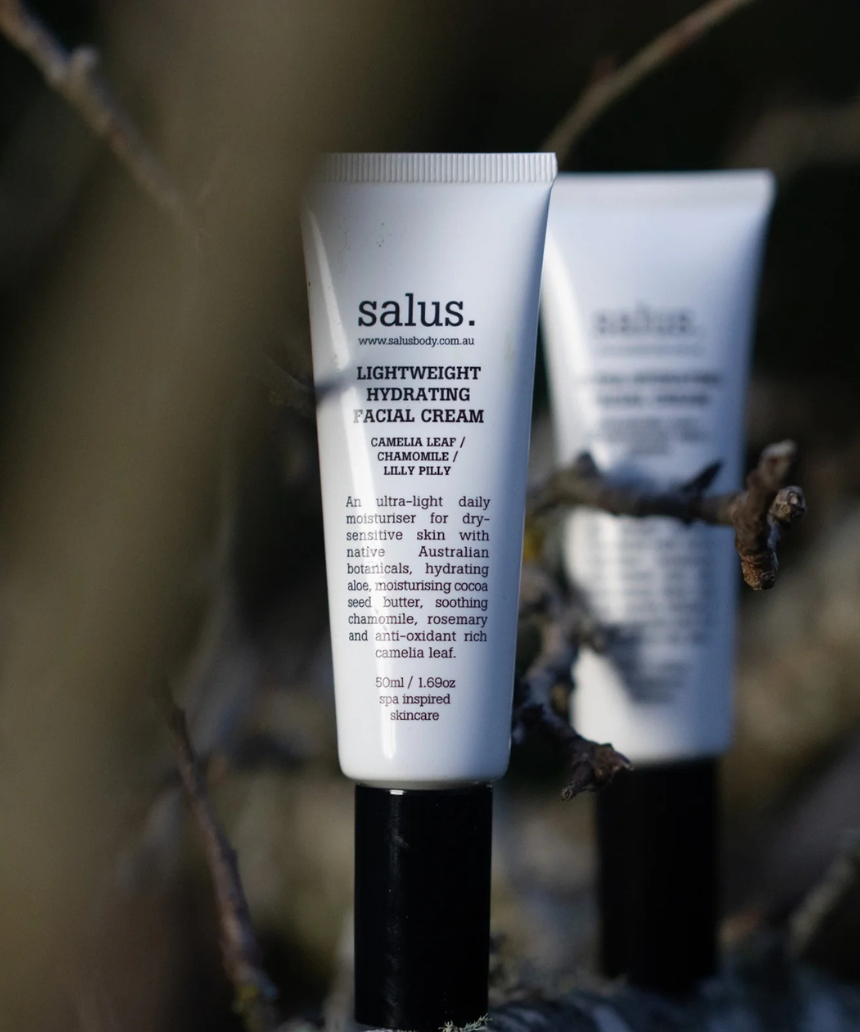 Salus lightweight hydrating facial cream in a sleek jar, showing smooth, creamy texture and fresh, clean packaging.