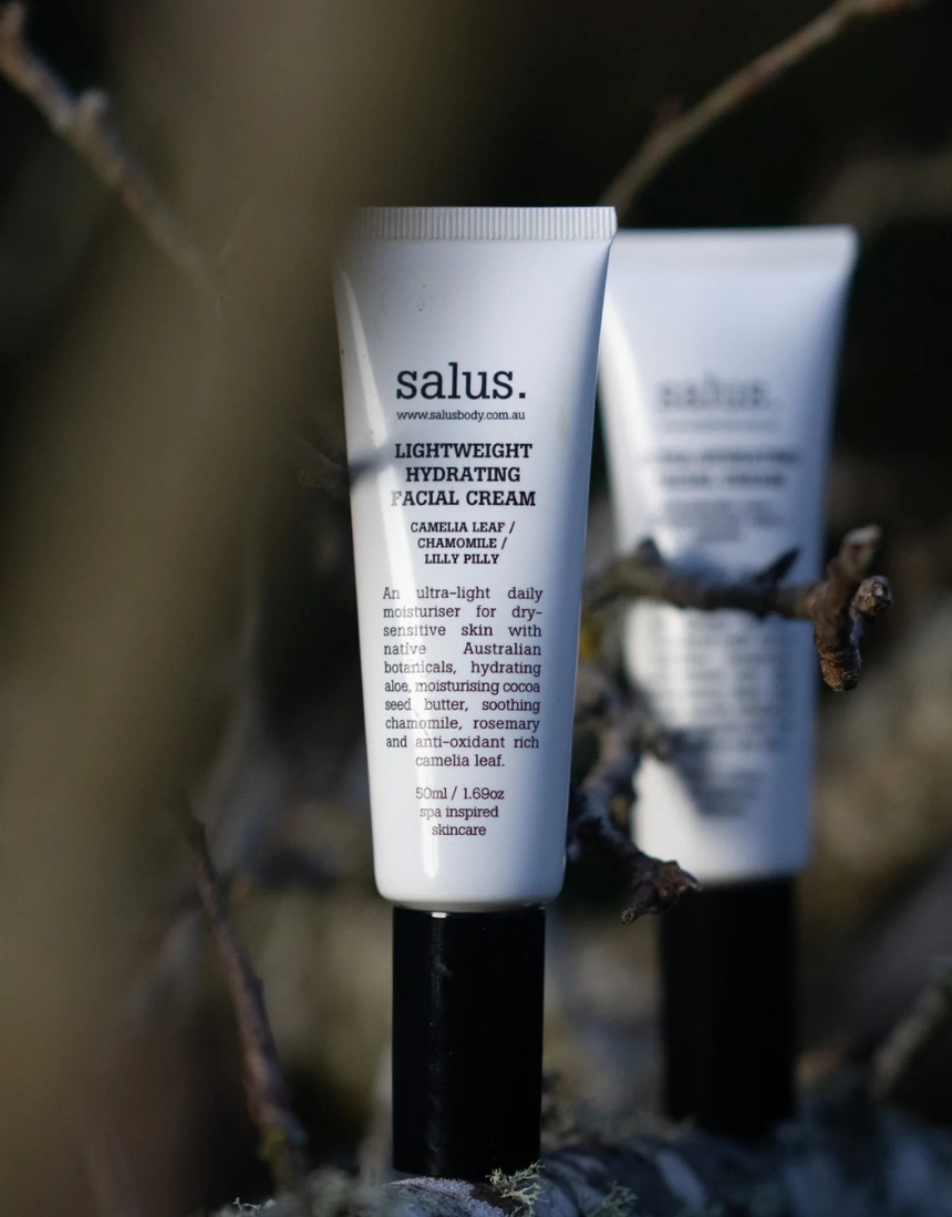 Salus lightweight hydrating facial cream in a sleek jar, showing smooth, creamy texture and fresh, clean packaging.