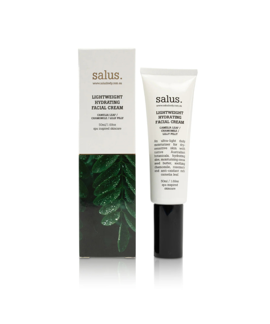Salus lightweight hydrating facial cream in a sleek jar, demonstrating its smooth, moisturizing texture for healthy, glowing skin.