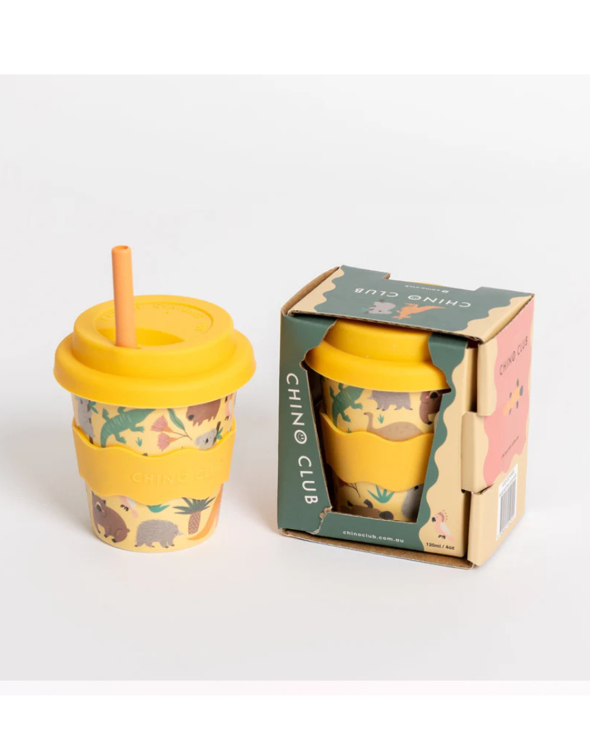 Chino Club Aussie Animals Baby Chino Cup 4oz for kids, featuring colorful animal illustrations and a rounded design.