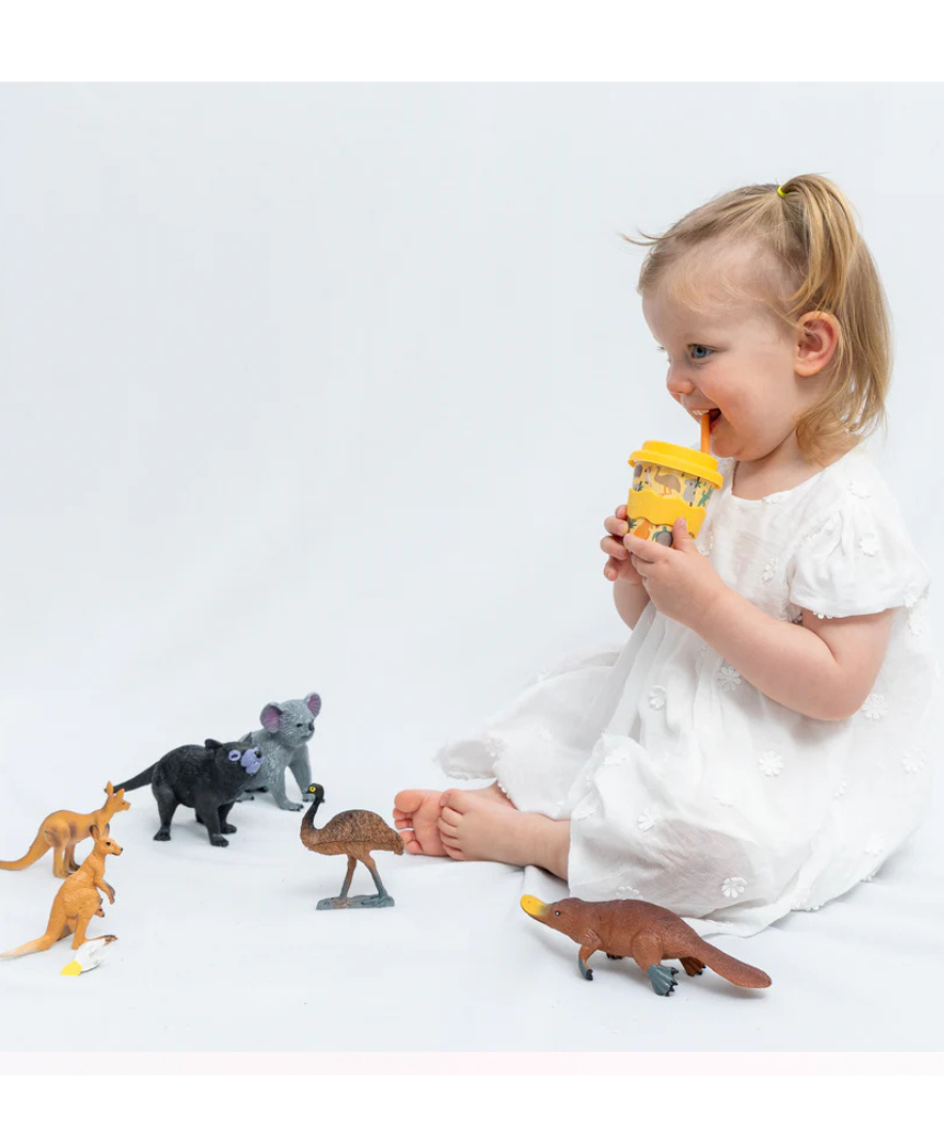 Chino Club Aussie Animals baby kids cup with 4oz capacity featuring colorful animal illustrations on a white background.
