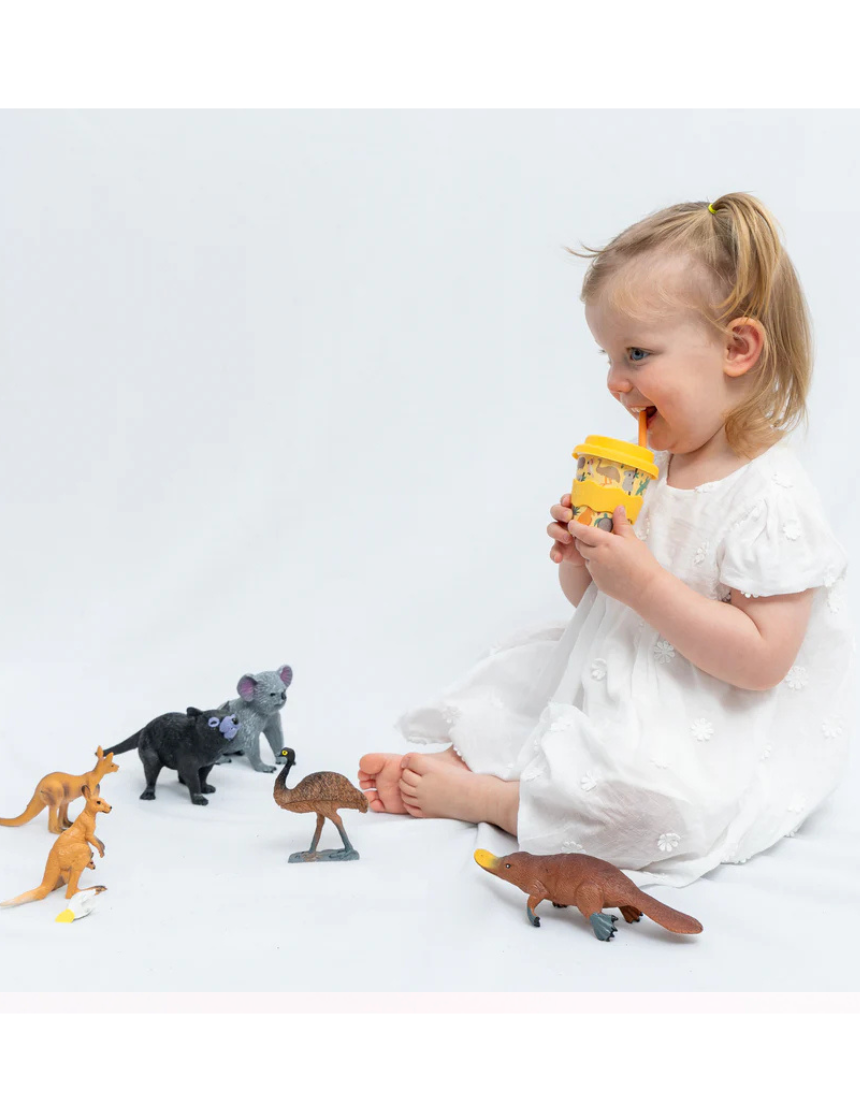 Chino Club Aussie Animals baby kids cup with 4oz capacity featuring colorful animal illustrations on a white background.
