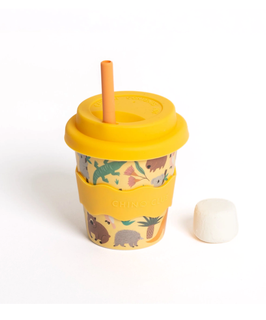 Chino Club Aussie Animals baby kids cup featuring colorful animal illustrations and a 4oz size, suitable for young children.