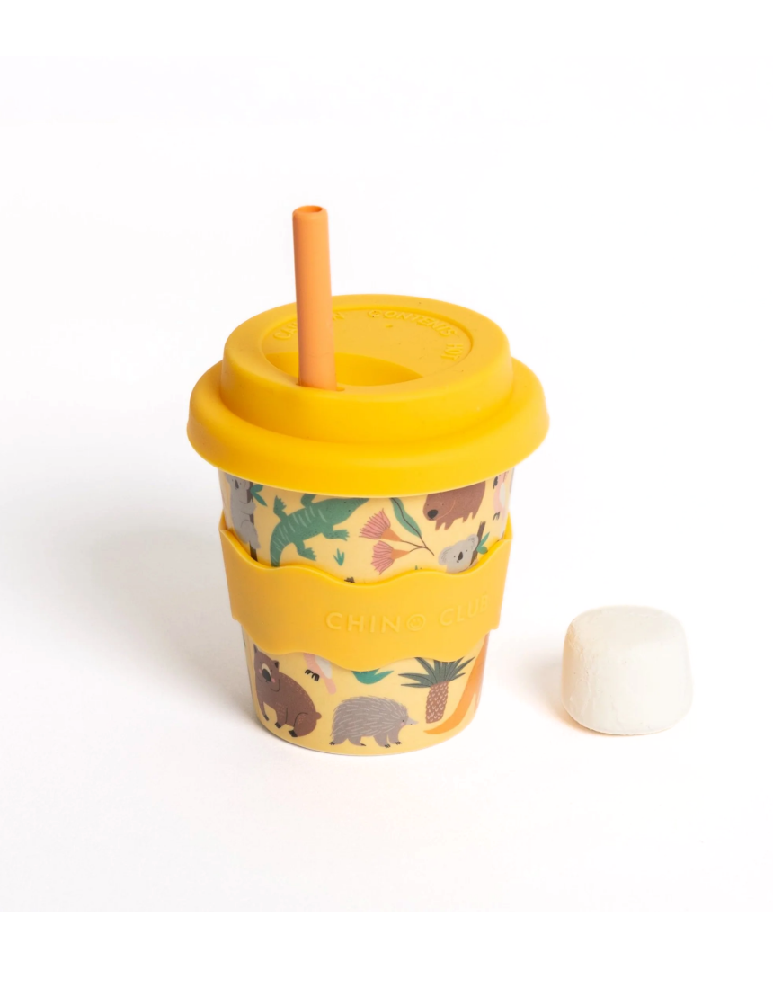 Chino Club Aussie Animals baby kids cup featuring colorful animal illustrations and a 4oz size, suitable for young children.