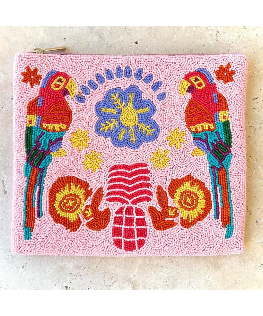 Anna Nova Inca Parrot beaded clutch with colorful bird design and intricate beading, compact evening bag for stylish occasions.