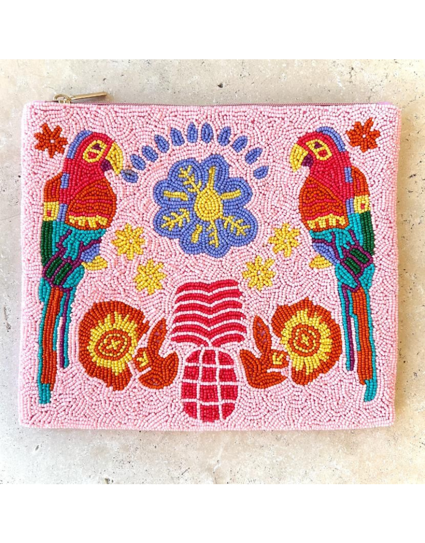 Anna Nova Inca Parrot beaded clutch with colorful bird design and intricate beading, compact evening bag for stylish occasions.
