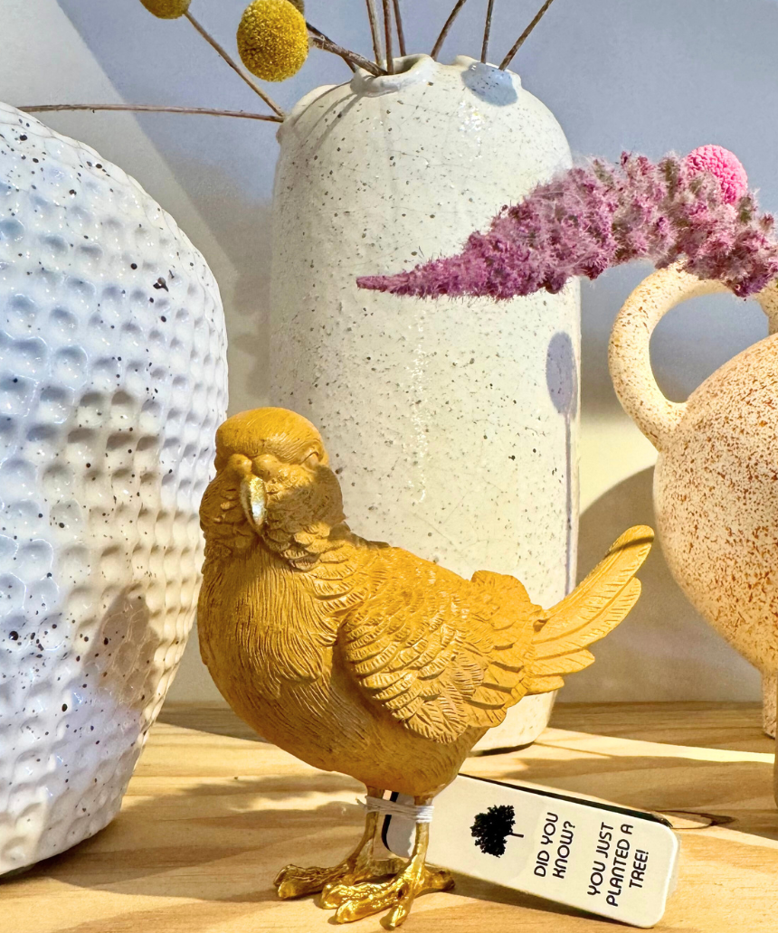 White Moose budgie-shaped homeware in mustard and gold, stylish decorative piece with a sleek white finish.