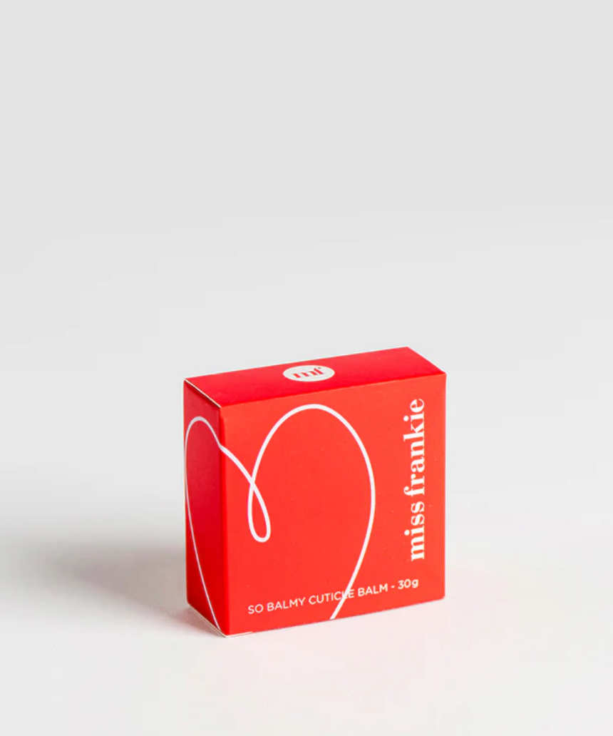 Miss Frankie So Balmy Cuticle Balm jar with a white lid and label, showcasing the nourishing balm for healthy cuticles.