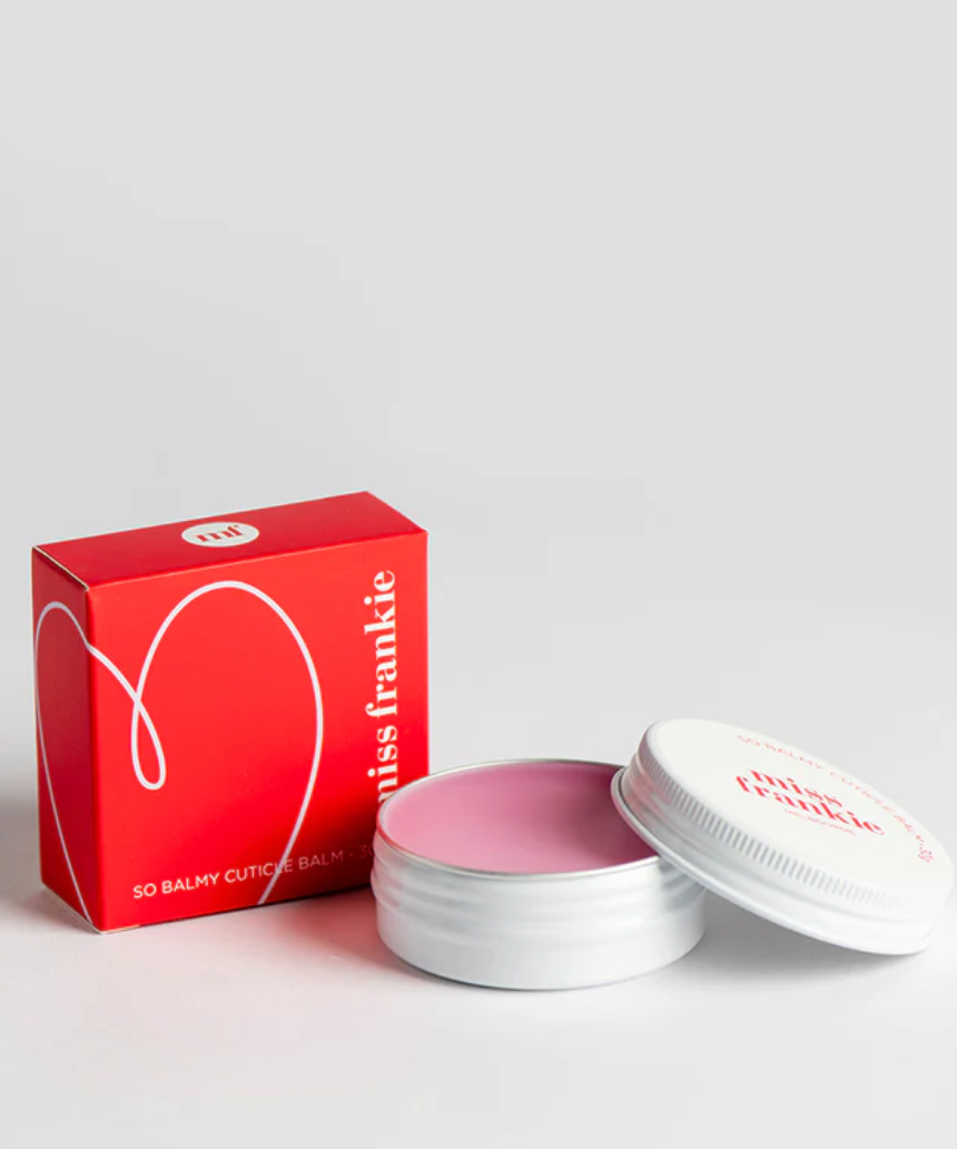 Miss Frankie So Balmy Cuticle Balm jar with label showing, featuring a natural skincare product for nourishing cuticles.