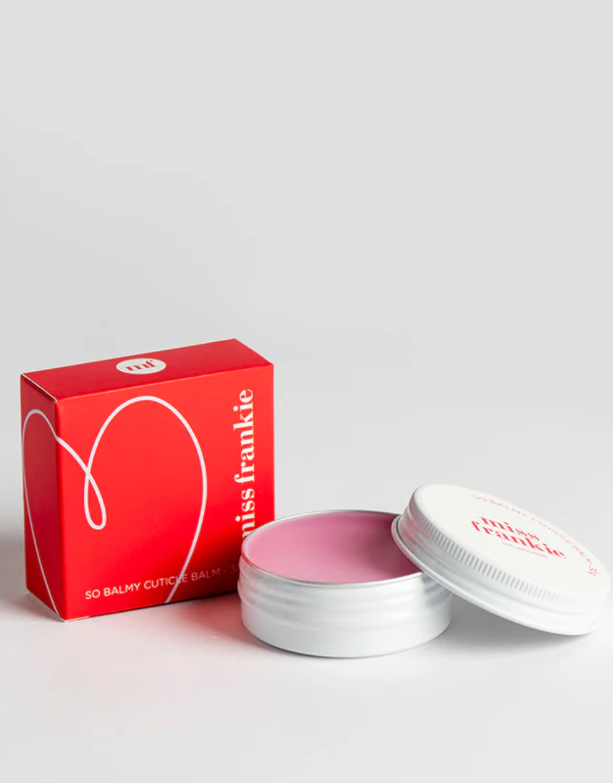 Miss Frankie So Balmy Cuticle Balm jar with label showing, featuring a natural skincare product for nourishing cuticles.