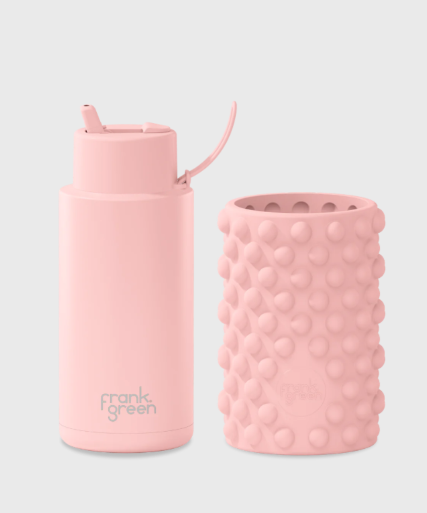 Frank Green Roll With It gift set featuring a blush 34oz/1L reusable drinkwear bottle and matching accessories.