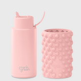Frank Green Roll With It gift set featuring a blush 34oz/1L reusable drinkwear bottle and matching accessories.