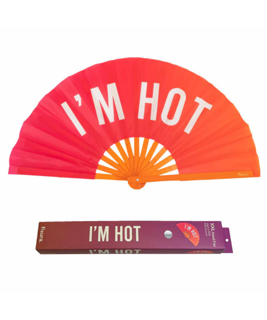 Large Fisura fan titled "I'm Hot" with vibrant colors and bold lettering, perfect for cooling and decorative use.