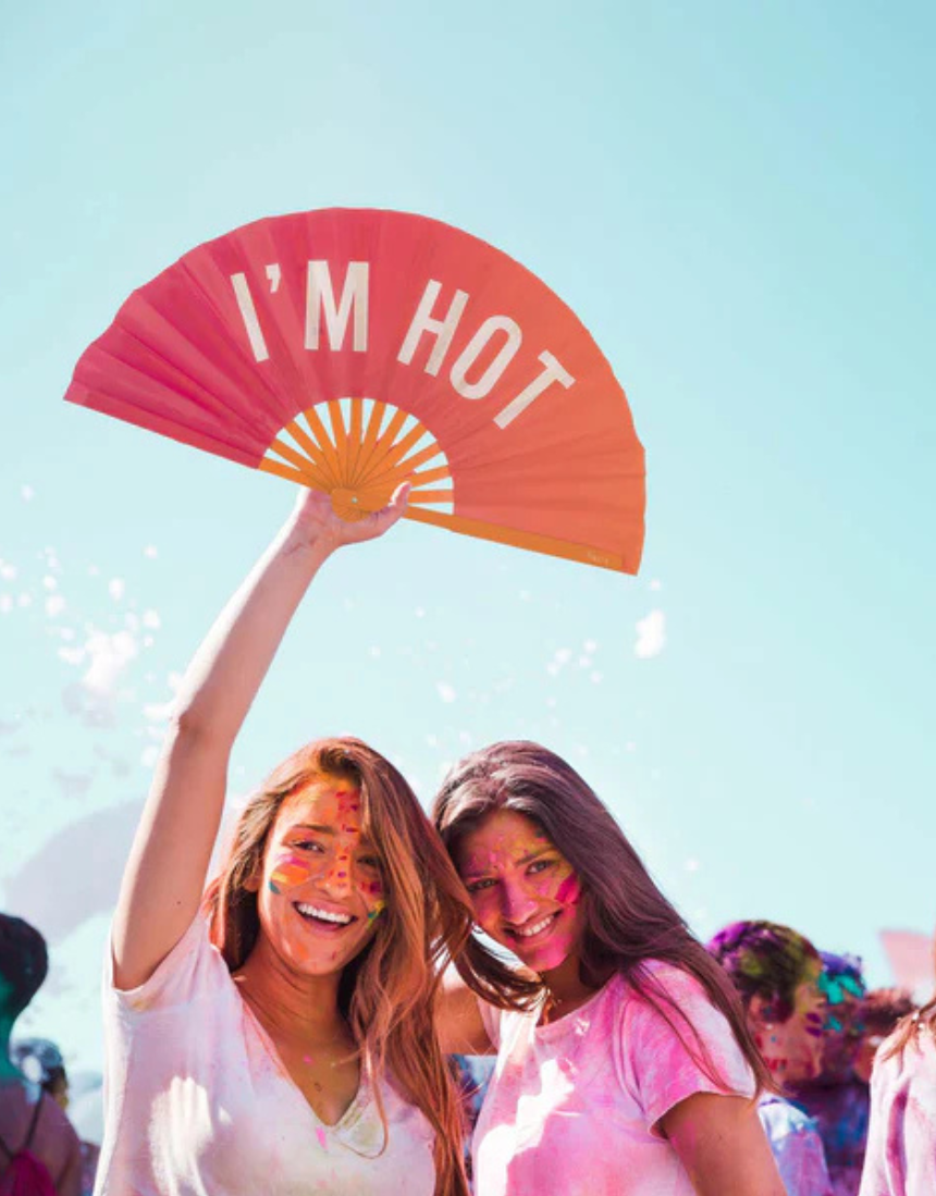 Fisura XXL Fan "I'm Hot" featuring a vibrant design, large size, and sturdy construction for cooling and decorative use.