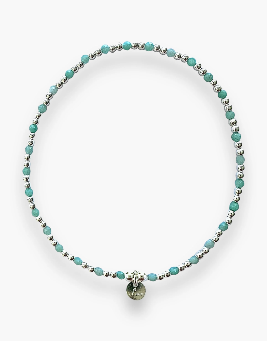 Sterling silver Amazonite love bracelet by Petals Australia featuring blue-green gemstone beads and delicate design.