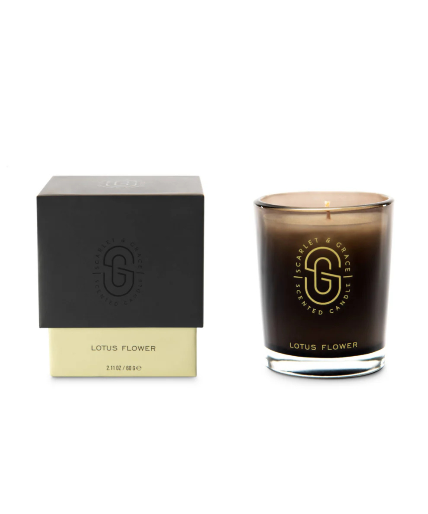 Scarlet & Grace Lotus Flower 60g candle featuring a decorative floral design and soft candle wax, ideal for home ambiance.