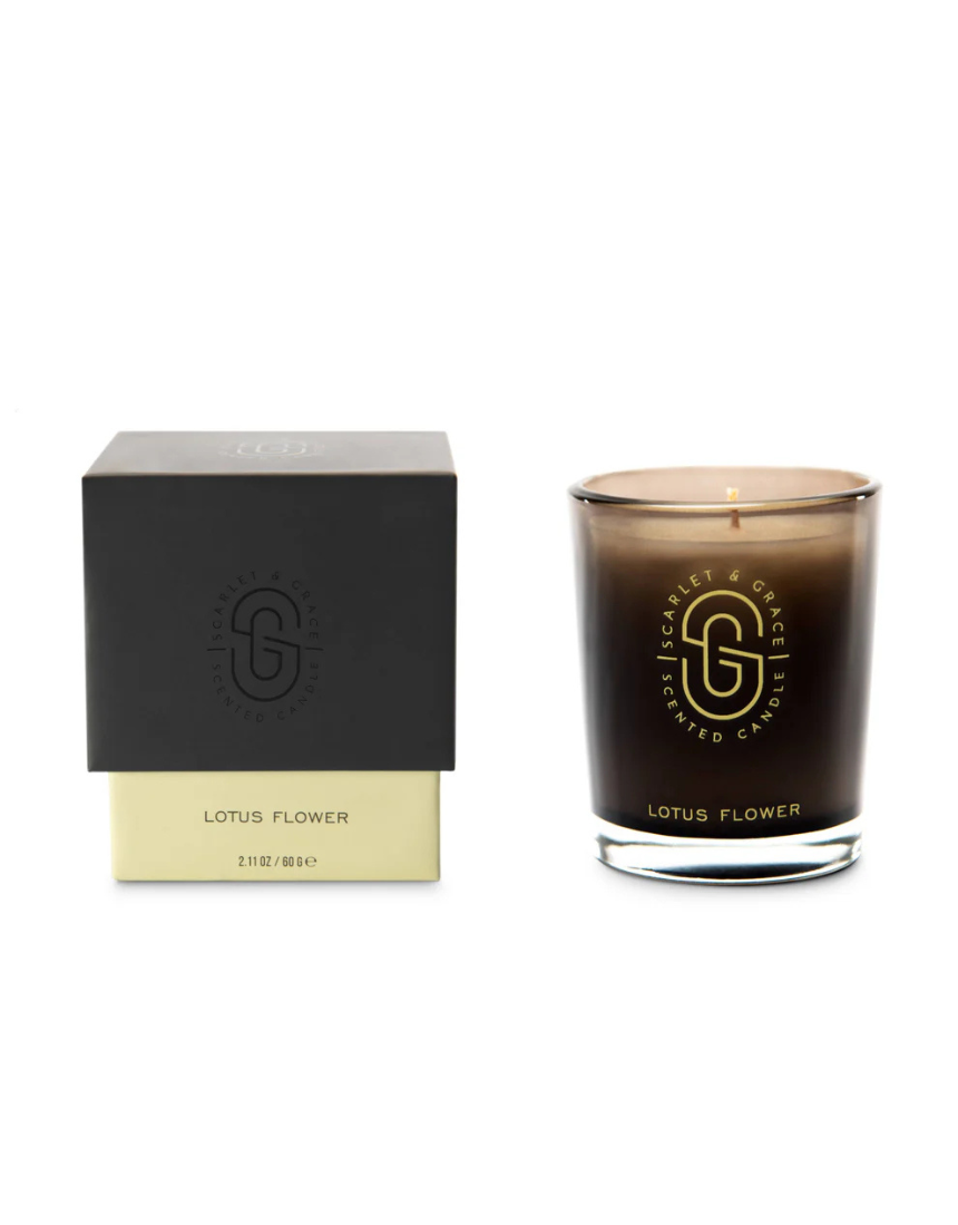Scarlet & Grace Lotus Flower 60g candle featuring a decorative floral design and soft candle wax, ideal for home ambiance.