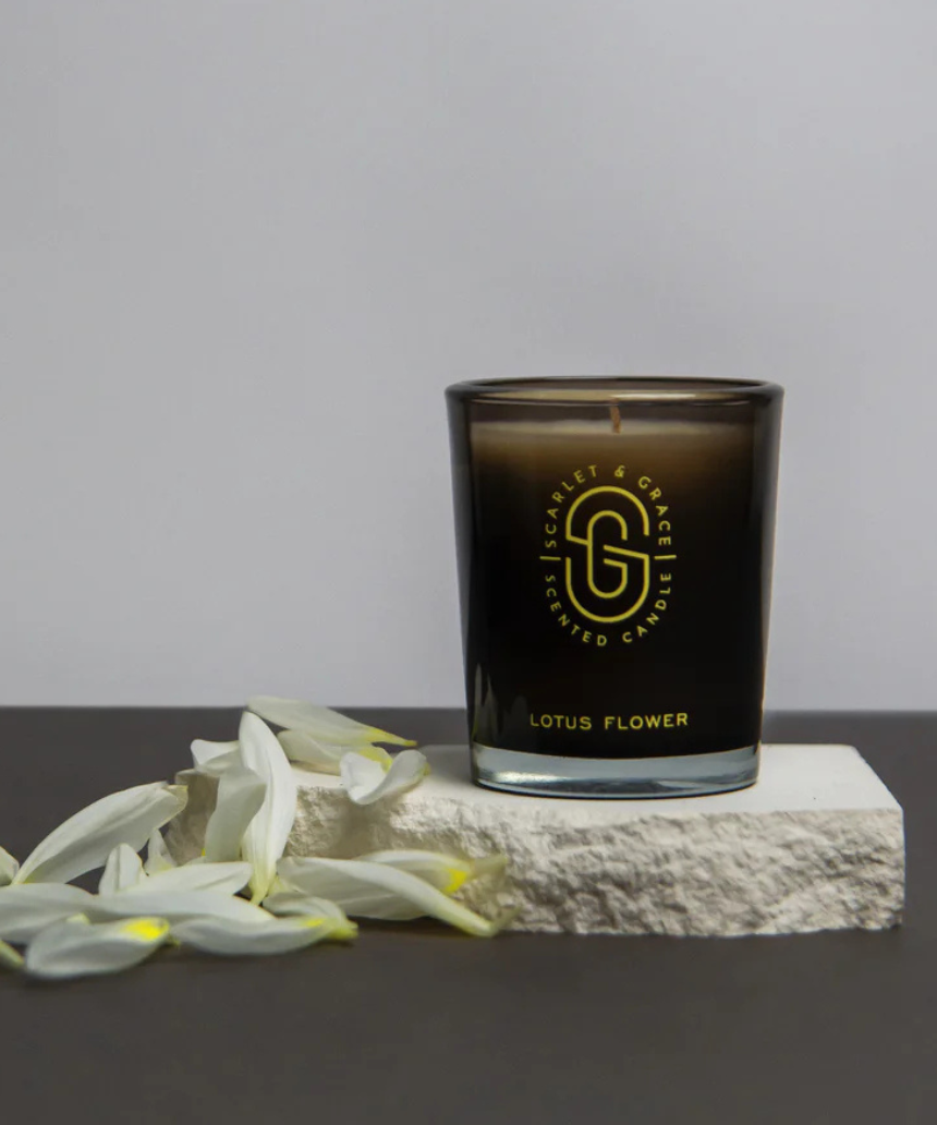 Scarlet & Grace Lotus Flower 60g candle with a decorative floral design, perfect for creating a calming ambiance