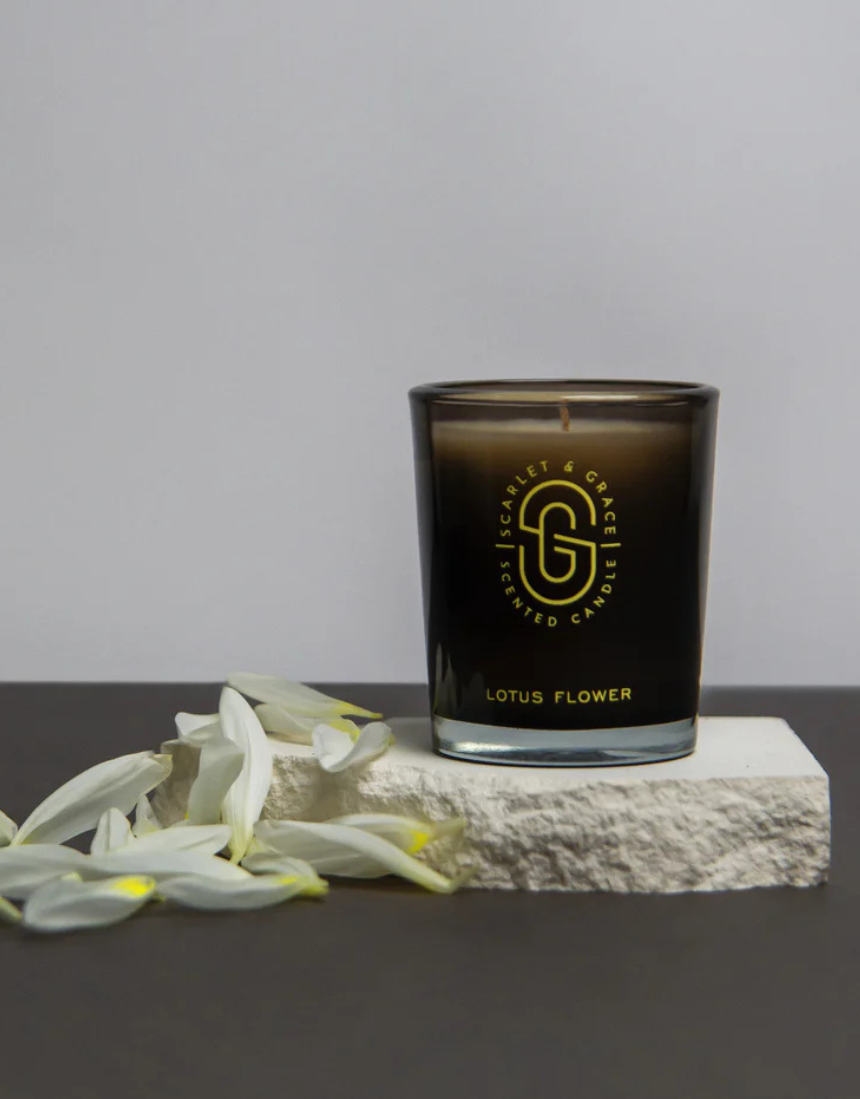 Scarlet & Grace Lotus Flower 60g candle with a decorative floral design, perfect for creating a calming ambiance