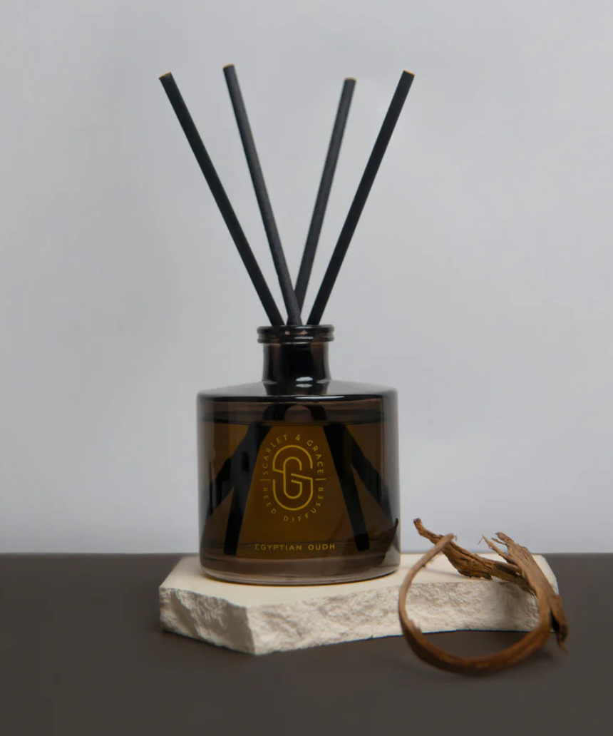 Scarlet & Grace Egyptian Oud diffuser 220ml with elegant glass bottle and reed sticks for home fragrance.