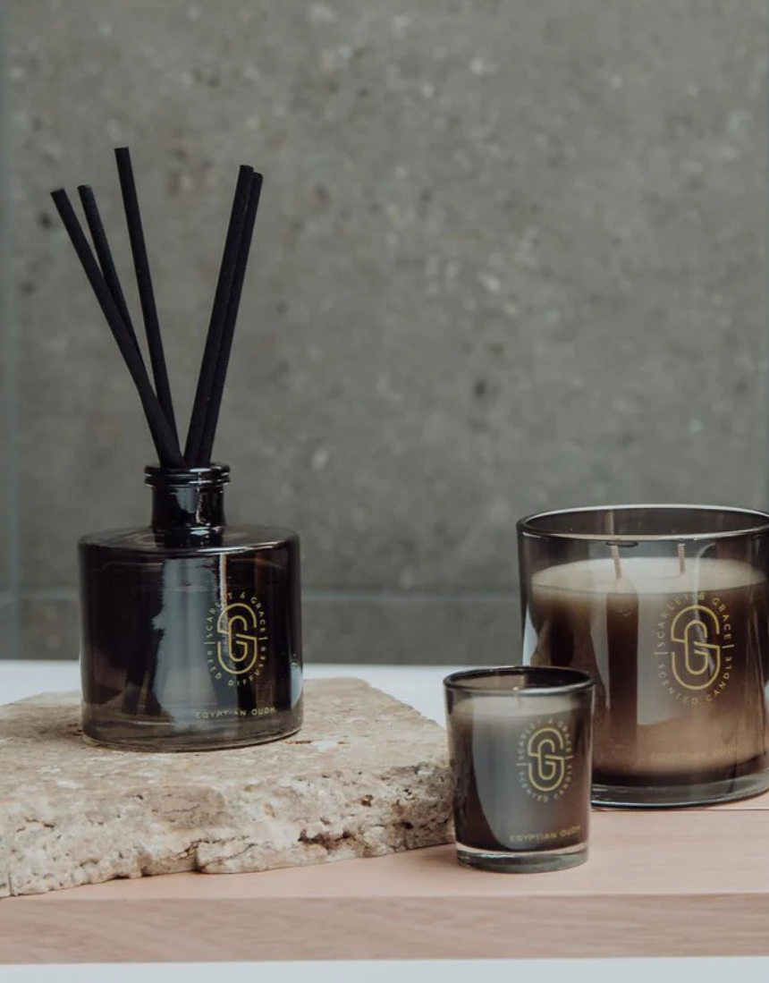 Scarlet & Grace Egyptian Oud diffuser 220ml with elegant glass bottle and reeds, showcasing luxurious fragrance for home decor.