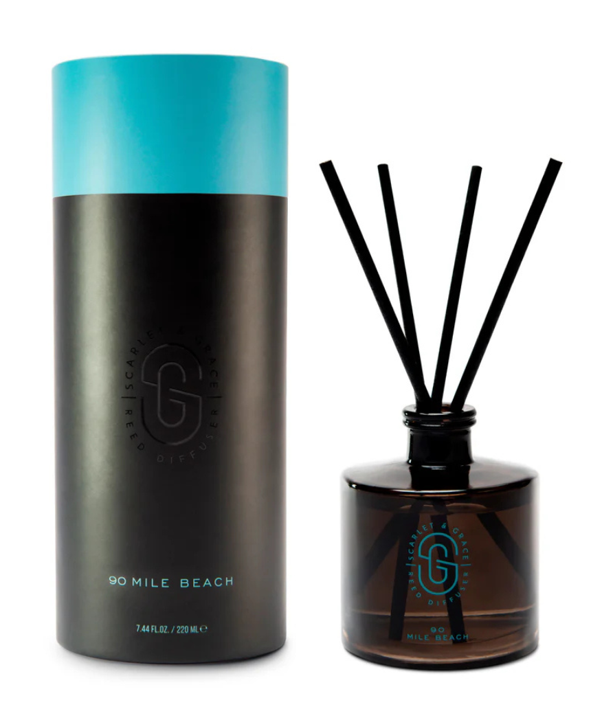 Scarlet & Grace 90 Mile Beach diffuser in 220ml glass bottle with reed sticks and aromatic fragrance, designed for home decor.