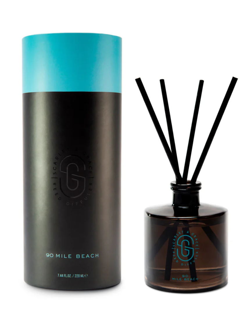 Scarlet & Grace 90 Mile Beach diffuser in 220ml glass bottle with reed sticks and aromatic fragrance, designed for home decor.