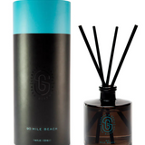 Scarlet & Grace 90 Mile Beach diffuser in 220ml glass bottle with reed sticks and aromatic fragrance, designed for home decor.