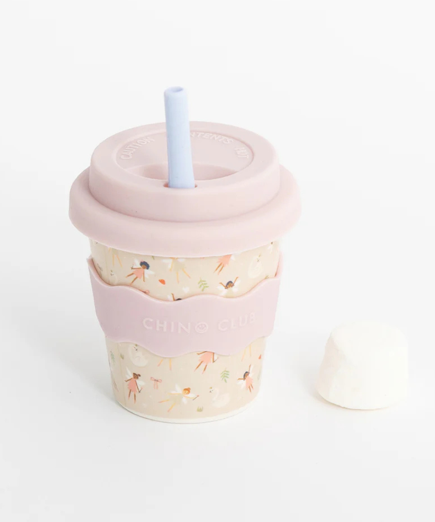 Chino Club Fairy Baby Chino Cup 4oz for kids, small pink and white children’s cup with fairy design.
