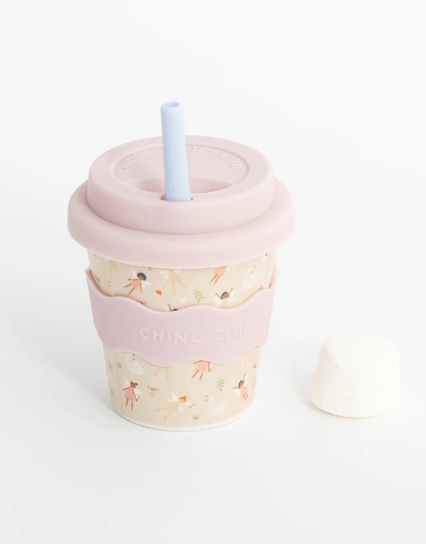 Chino Club Fairy Baby Chino Cup 4oz for kids, small pink and white children’s cup with fairy design.