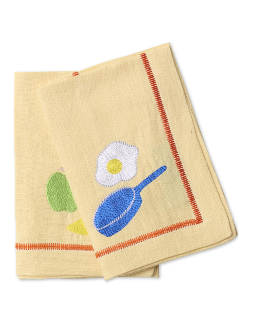 Kip & Co embroidered linen napkin set with "Breakfast Is Served" design, four elegant cloth napkins for dining.
