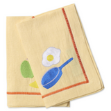 Kip & Co embroidered linen napkin set with "Breakfast Is Served" design, four elegant cloth napkins for dining.