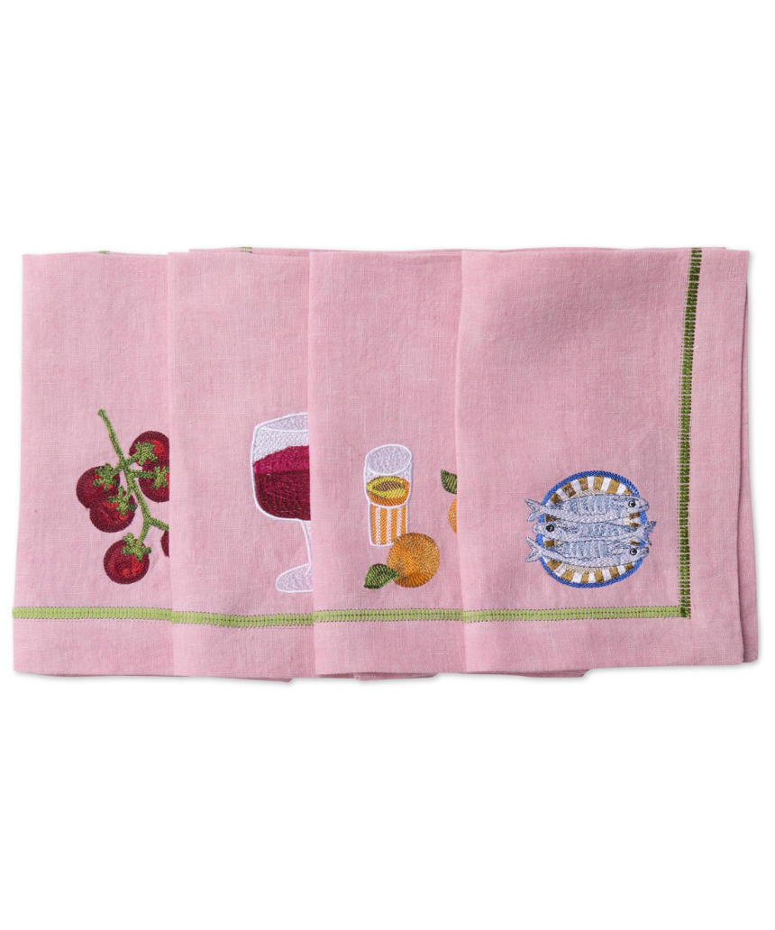Kip & Co Supper Club embroidered linen 4-piece napkin set with colorful floral design, soft fabric, and detailed embroidery.