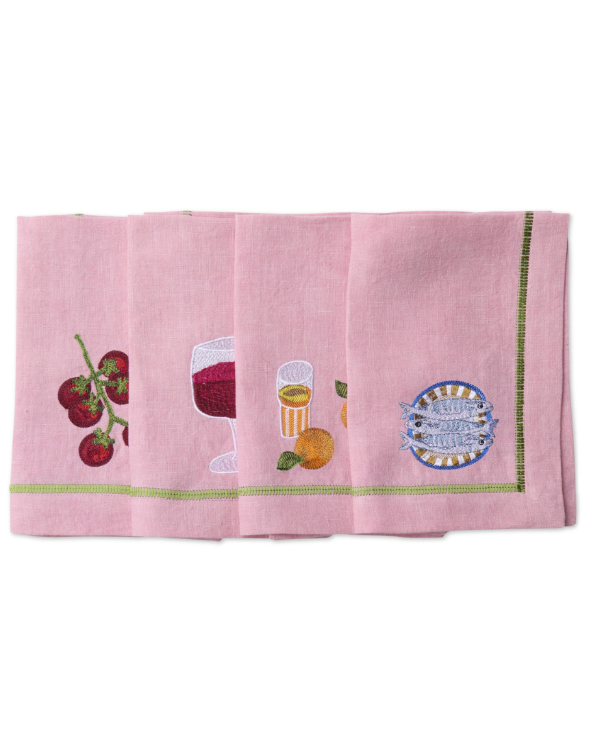 Kip & Co Supper Club embroidered linen 4-piece napkin set with colorful floral design, soft fabric, and detailed embroidery.