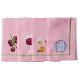 Kip & Co Supper Club embroidered linen 4-piece napkin set with colorful floral design, soft fabric, and detailed embroidery.