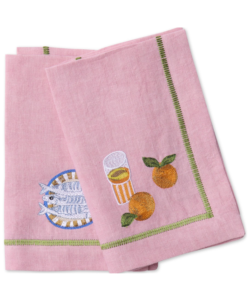 Kip & Co Supper Club embroidered linen napkin set with colorful floral embroidery on four elegant cloth napkins.