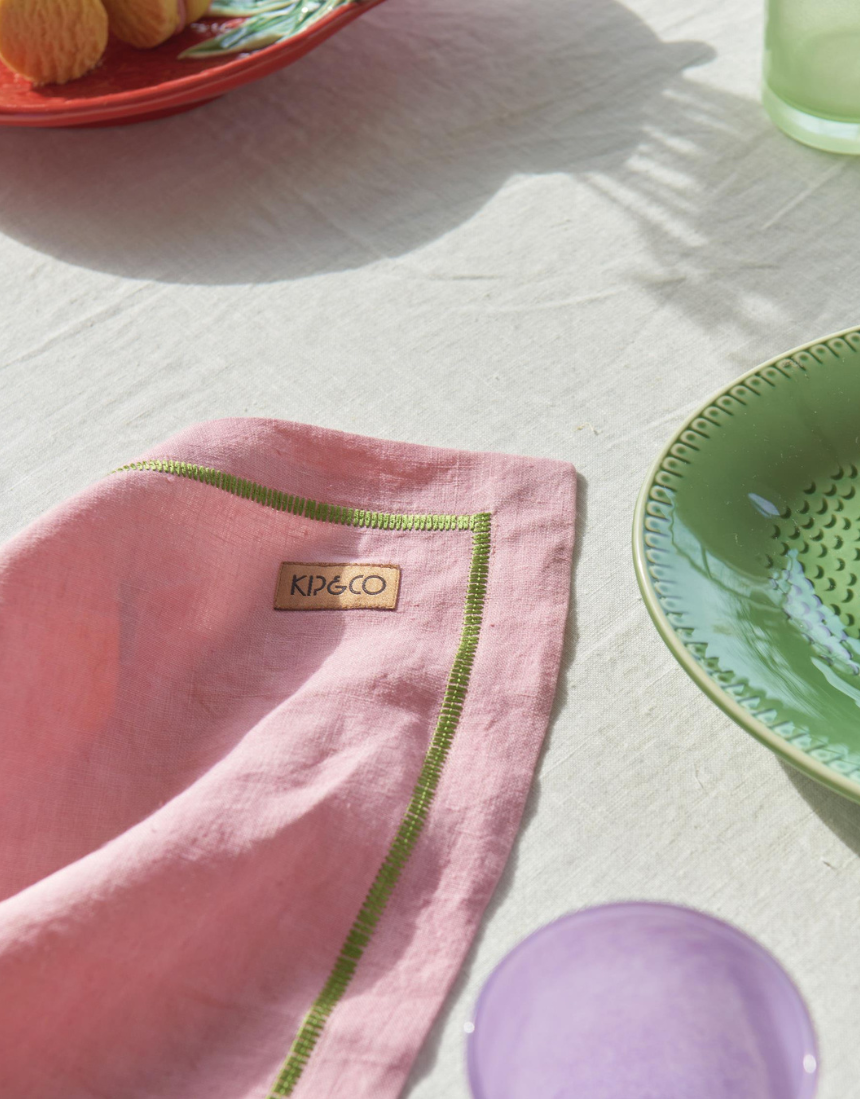 Kip & Co embroidered linen napkin set with colorful supper club design, four stylish napkins for elegant table setting