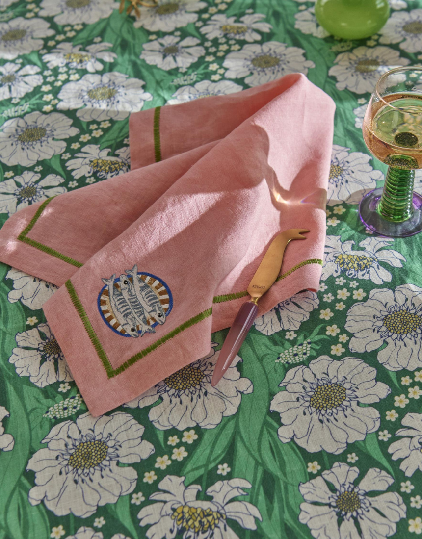 Kip & Co embroidered linen 4-piece napkin set featuring colorful supper club design on soft, stylish fabric for elegant table settings.