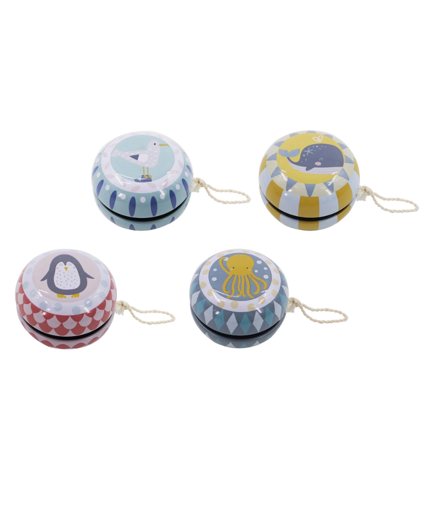Colorful classic Tin Yo-Yos for kids by ToysLink, displayed with open string ready for play.
