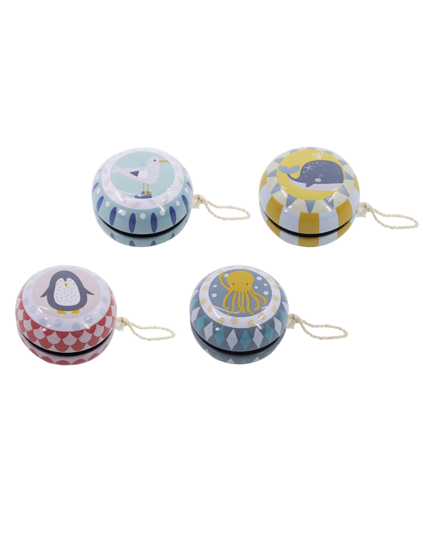 Colorful classic Tin Yo-Yos for kids by ToysLink, displayed with open string ready for play.